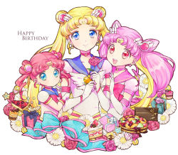 Rule 34 | 1990s (style), 3girls, bad id, bad pixiv id, bishoujo senshi sailor moon, bishoujo senshi sailor moon sailor stars, bishoujo senshi sailor moon stars, blonde hair, blue eyes, blue sailor collar, bow, brooch, cake, cake slice, candy, checkerboard cookie, chibi chibi, chibi usa, cone hair bun, cookie, crescent, crescent facial mark, double bun, earrings, elbow gloves, eternal sailor moon, facial mark, flower, food, forehead mark, fruit, fruit tart, gift, gloves, hair bun, hair ornament, hairpin, happy birthday, heart, heart brooch, heart hair bun, jewelry, long hair, magical girl, multiple girls, pink hair, red bow, red eyes, red flower, red hair, red rose, retro artstyle, ribbon, rose, sailor chibi chibi, sailor chibi moon, sailor collar, sailor moon, sailor senshi, sami (3a3i3a3i), short hair, smile, star (symbol), strawberry, strawberry shortcake, super sailor chibi moon (stars), tart (food), tiara, tsukino usagi, twintails, white background, white gloves, wing brooch
