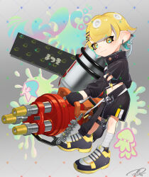 Rule 34 | 1boy, bandaged leg, bandages, black gloves, black shorts, blonde hair, blue eyes, closed mouth, commentary, commission, earrings, eyelashes, fang, full body, gloves, grey background, gun, highres, holding, holding gun, holding weapon, hoop earrings, hydra splatling (splatoon), jewelry, male focus, midriff, navel, nintendo, octoling, octoling boy, octoling player character, paint splatter, puchiman, short hair, shorts, smile, solo, splashtag (splatoon), splatoon (series), splatoon 3, standing, tentacle hair, two-tone eyes, weapon, yellow eyes