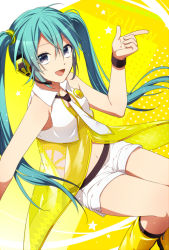 Rule 34 | 1girl, aqua hair, bad id, bad pixiv id, blue eyes, bshi edayo, copyright name, hatsune miku, headset, kneehighs, long hair, looking at viewer, navel, necktie, open mouth, shorts, socks, solo, twintails, vocaloid, yellow (vocaloid)