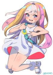 Rule 34 | :d, absurdres, bare arms, bare shoulders, blonde hair, blue eyes, blush, brown hair, collarbone, crescent, dated, dreamusun, dress, highres, long hair, looking at viewer, multicolored hair, open mouth, pink hair, sandals, signature, simple background, sleeveless, sleeveless dress, smile, teeth, upper teeth only, vanilla (world&#039;s end club), very long hair, white background, white dress, white footwear, white hair, world&#039;s end club