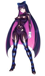 Rule 34 | 1girl, arms at sides, bodysuit, bow, breasts, colored inner hair, full body, gloves, green eyes, hair bow, high heels, highres, impossible bodysuit, impossible clothes, large breasts, latex, latex bodysuit, long hair, looking at viewer, multicolored hair, panty &amp; stocking with garterbelt, pink hair, purple hair, shiny clothes, skin tight, solo, stocking (psg), streaked hair, striped clothes, striped thighhighs, thighhighs, two-tone hair, very long hair, volyz, white background, white gloves