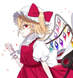 Rule 34 | 1girl, bad id, bad pixiv id, blonde hair, blush, bow, collared shirt, commentary request, cowboy shot, crystal, flandre scarlet, frilled shirt collar, frilled skirt, frills, from side, hand up, hat, highres, laevatein (touhou), looking at viewer, mob cap, one side up, petals, puffy short sleeves, puffy sleeves, red bow, red eyes, red skirt, red vest, rose petals, sash, shirt, short sleeves, simple background, skirt, skirt set, solo, star-shaped pupils, star (symbol), symbol-shaped pupils, touhou, vest, white background, white hat, white sash, white shirt, wings, wrist cuffs, yurui tuhu