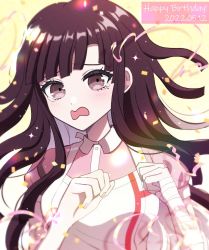 Rule 34 | 1girl, apron, artist name, bandaged arm, bandages, blouse, blush, breasts, collared shirt, confetti, danganronpa (series), danganronpa 2: goodbye despair, dated, hands up, happy birthday, large breasts, long hair, looking at viewer, mikao (eanv5385), mole, mole under eye, open mouth, pink shirt, red eyes, red hair, shirt, solo, tearing up, tsumiki mikan, white apron