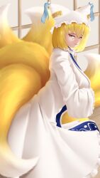Rule 34 | 1girl, :3, absurdres, animal ears, animal hat, arms under breasts, blonde hair, blue tabard, dress, fox ears, fox girl, fox tail, hat, highres, japanese clothes, kitsune, long sleeves, looking at viewer, multiple tails, short hair, simple background, smug, tabard, tail, takie arts, touhou, white dress, yakumo ran, yellow eyes