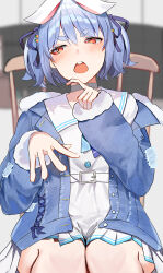 Rule 34 | 1girl, animal ears, belt, blue hair, blue jacket, blue neckerchief, blue ribbon, blush, carrot hair ornament, chair, denim, denim jacket, dress, embarrassed, food-themed hair ornament, fur-trimmed jacket, fur-trimmed sleeves, fur trim, hair ornament, hair ribbon, hairclip, hands up, highres, hololive, jacket, kashio (92984798), looking to the side, marriage proposal, neckerchief, official alternate costume, open clothes, open jacket, open mouth, orange eyes, rabbit ears, ribbon, sailor collar, sailor dress, short dress, short hair, sitting, teeth, tongue, upper teeth only, usada pekora, usada pekora (casual), virtual youtuber, white belt