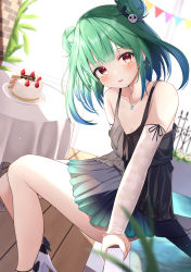 Rule 34 | 1girl, alternate costume, bare shoulders, birthday, birthday cake, black dress, blue hair, blurry, blush, breasts, cake, cleavage, collarbone, day, depth of field, detached sleeves, double bun, dress, flat chest, floral print, food, gradient hair, gradient skirt, green dress, green hair, hair bun, hair ornament, high heels, highres, hololive, hololive fantasy, indoors, jewelry, long sleeves, looking at viewer, multicolored hair, necklace, necromancer, open mouth, red eyes, ribbon, saki (saki paint), short hair, sidelocks, sitting, skull hair ornament, sleeves past wrists, smile, solo, uruha rushia, virtual youtuber, white footwear