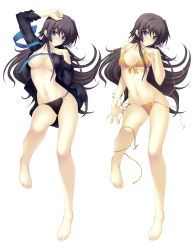 Rule 34 | 1girl, absurdres, areola slip, arm up, bare legs, bare shoulders, barefoot, bikini, black panties, blush, breasts, brown hair, cleavage, convenient censoring, dakimakura (medium), front-tie top, full body, hair ribbon, hand on own chest, highres, lace, lace panties, large breasts, long hair, lying, miyata sou, multiple views, muv-luv, muv-luv alternative, muv-luv total eclipse, navel, on back, open clothes, panties, parted lips, purple eyes, ribbon, scan, side-tie bikini bottom, simple background, swimsuit, takamura yui, underwear, untied bikini, wardrobe malfunction, white background, yellow bikini