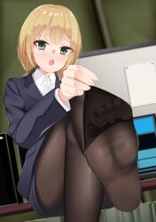 Rule 34 | 1girl, absurdres, blonde hair, blush, clothes pull, feet, green eyes, highres, jamie hazaford, looking at viewer, medium hair, open mouth, pantyhose, pantyhose pull, shirogane no ishi argevollen, soles, toes