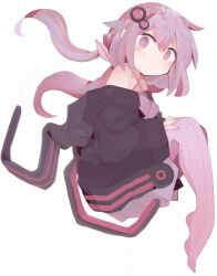 Rule 34 | 1girl, 76gpo, black hoodie, closed mouth, criss-cross halter, dress, full body, hair ornament, halterneck, hood, hoodie, long hair, looking at viewer, low twintails, purple dress, purple eyes, purple hair, simple background, solo, twintails, voiceroid, white background, yuzuki yukari