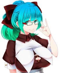 Rule 34 | 1girl, alternate costume, alternate hairstyle, apron, bad id, bad twitter id, bespectacled, bow, breasts, buttons, cleavage, enmaided, glasses, gradient hair, green eyes, hair bow, hand up, kaboom (bunsyakaboom), kagiyama hina, large breasts, looking at viewer, maid, maid apron, multicolored hair, ponytail, puffy short sleeves, puffy sleeves, red bow, shirt, short hair, short sleeves, simple background, smile, solo, @ @, taut clothes, taut shirt, touhou, white background