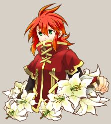 Rule 34 | 00s, 1boy, fingerless gloves, flower, gloves, green eyes, grey background, lily (flower), luke fon fabre, male focus, official alternate costume, red hair, solo, tales of (series), tales of the abyss, yutaka (toridori)