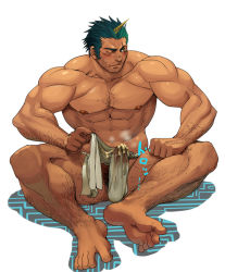 Rule 34 | 1boy, abs, bara, barefoot, body hair, bulge, character request, cum, dgls, erection, erection under clothes, feet, fundoshi, japanese clothes, looking away, male focus, muscular, nipples, pectorals, penis, phantasy star, phantasy star online 2, scar, topless male, sitting, solo, toes