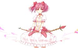 Rule 34 | 1girl, arms at sides, blush, bow (weapon), breasts, bubble skirt, buttons, choker, collarbone, cowboy shot, dot nose, floating, floating hair, flower, frilled skirt, frilled sleeves, frills, gloves, hair ribbon, half-closed eyes, happy, highres, holding, holding bow (weapon), holding weapon, junjam, kaname madoka, leaf, legs apart, looking at viewer, mahou shoujo madoka magica, mahou shoujo madoka magica (anime), petals, pink choker, pink eyes, pink flower, pink hair, pink neckwear, pink ribbon, pink rose, pink theme, puffy short sleeves, puffy sleeves, ribbon, rose, short sleeves, short twintails, simple background, skirt, small breasts, smile, solo, soul gem, standing, thighs, twintails, weapon, white background, white gloves, white skirt