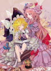 Rule 34 | 2girls, barefoot, bataunco, blonde hair, book, bow, braid, child, dress, female focus, frills, gloves, hat, hat bow, kirisame marisa, lamp, long hair, multiple girls, open mouth, patchouli knowledge, pink hair, ribbon, single braid, sitting, star-shaped pupils, star (symbol), symbol-shaped pupils, too many, touhou, very long hair, white gloves, witch, witch hat