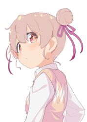 Rule 34 | 1girl, breasts, brown eyes, closed mouth, collared shirt, commentary request, from behind, genderswap, genderswap (mtf), grey hair, hair between eyes, hair bun, hair ribbon, highres, light blush, lips, long sleeves, looking at viewer, looking back, multicolored hair, onii-chan wa oshimai!, oyama mahiro, pink hair, pink ribbon, ribbon, shiina excel, shirt, simple background, small breasts, solo, streaked hair, sweater vest, upper body, white background, white shirt, yellow sweater vest
