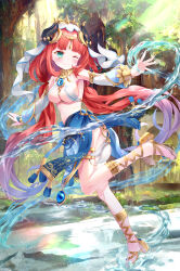 Rule 34 | 1girl, ;), afloat, arabian clothes, blunt bangs, blurry, breasts, cleavage, commentary, dancer, dancing, depth of field, detached sleeves, fake horns, genshin impact, green eyes, haundo b, headpiece, highres, horns, long hair, long sleeves, looking at viewer, low twintails, medium breasts, nilou (genshin impact), one eye closed, outstretched arms, red hair, sidelocks, smile, solo, spread arms, standing, standing on one leg, stomach, symbol-only commentary, thighlet, twintails, twisted torso, veil, water