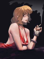 Rule 34 | 1girl, bare shoulders, black background, black nails, bracelet, breasts, brown hair, cigarette, cleavage, dress, fingerless gloves, gloves, holding, holding cigarette, jewelry, lipstick, looking at viewer, makeup, medium breasts, medium hair, nail polish, original, parted lips, postiago, red dress, short hair, sleeveless, sleeveless dress, smoke, smoking, solo