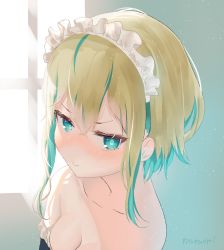 Rule 34 | 1girl, absurdres, alternate costume, amano pikamee, aqua eyes, aqua hair, artist name, artist request, backlighting, bare shoulders, blonde hair, blush, breasts, cleavage, highres, looking at viewer, looking away, maid, maid headdress, medium breasts, multicolored hair, pout, short hair, solo, upper body, virtual youtuber, voms, window