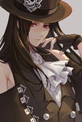 Rule 34 | 1other, androgynous, ascot, bare shoulders, black hair, dentiganai, fingerless gloves, gloves, grey background, guilty gear, guilty gear strive, hat, locked twitter, long hair, looking at viewer, red eyes, simple background, skull, solo, testament (guilty gear), top hat
