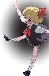 Rule 34 | 1girl, ascot, black footwear, black skirt, black vest, blonde hair, blouse, bow, collared shirt, frogsnake, hair bow, kneehighs, looking at viewer, midair, parted lips, pointy nose, red ascot, red bow, red eyes, rumia, shirt, short hair, short sleeves, simple background, skirt, socks, solo, spread legs, t-pose, touhou, vest, waistcoat, wavy hair, white shirt, white socks