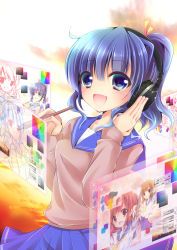 Rule 34 | 1girl, :d, blue eyes, blue hair, blush, enjoy mix, hair between eyes, happy, headphones, holographic interface, long sleeves, looking at viewer, matching hair/eyes, monitor, open mouth, original, ponytail, quill, school uniform, short hair, skirt, sky, smile, solo, sweater