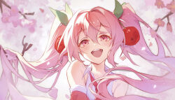 Rule 34 | 1girl, absurdres, cherry, cherry blossoms, cherry hair ornament, cloudyman, detached sleeves, food, food-themed hair ornament, fruit, hair between eyes, hair ornament, hatsune miku, highres, long hair, necktie, open mouth, pink background, pink eyes, pink hair, pink necktie, pink sleeves, pink theme, sakura miku, smile, solo, twintails, vocaloid