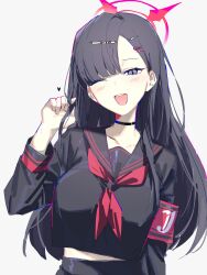 Rule 34 | 1girl, black choker, black hair, black serafuku, black shirt, blue archive, choker, grey eyes, hair ornament, twirling hair, hairclip, hairpin, halo, hashtag-only commentary, heart, highres, ichika (blue archive), long hair, looking at viewer, one eye closed, open mouth, patch, red halo, school uniform, serafuku, shirt, simple background, smile, solo, tunnel (ccmr3254), uniform, upper body, white background