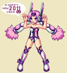 Rule 34 | 10s, 1girl, 2011, bad id, bad pixiv id, boots, breasts, cleavage, hetano yoko sukii, long hair, lowres, new year, original, pink eyes, pink hair, pixel art, rabbit pose, robot ears, solo, thigh boots, thighhighs, twintails, very long hair