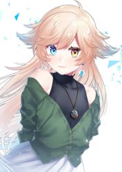 Rule 34 | 1girl, armpit peek, arms behind back, bare shoulders, black shirt, blue eyes, blush, closed mouth, covered collarbone, dated, earrings, green jacket, hair between eyes, hair flaps, heterochromia, highres, jacket, jewelry, kitasaya ai, light brown hair, light particles, long hair, long sleeves, off shoulder, original, partially unbuttoned, shards, shirt, signature, simple background, skirt, sleeveless, sleeveless shirt, solo, very long hair, white background, white skirt, yellow eyes