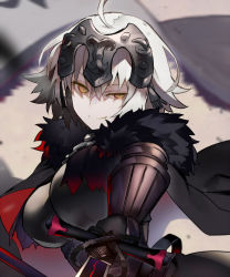 Rule 34 | 1girl, ahoge, armor, breasts, fate/grand order, fate (series), fur trim, gauntlets, gloves, headgear, highres, holding, holding sword, holding weapon, jeanne d&#039;arc (fate), jeanne d&#039;arc alter (avenger) (fate), jeanne d&#039;arc alter (fate), large breasts, looking at viewer, sanae (satansanae), short hair, slit pupils, smile, smug, solo, sword, weapon, white hair, yellow eyes