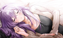 Rule 34 | 1girl, 1other, arm pillow, breasts, closed eyes, fingernails, hair between eyes, highres, hiiragi shinoa, jewelry, large breasts, long hair, lying, on bed, on side, open mouth, owari no seraph, pov across bed, purple hair, ring, sleeping, solo focus, upper body, wedding ring, yuki (asayuki101)