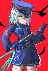 Rule 34 | 1girl, aqua hair, armband, baton (weapon), belt, belt buckle, black belt, blue gloves, blue jacket, blue skirt, buckle, closed mouth, cowboy shot, cuffs, gloves, green eyes, hair between eyes, hair ornament, hairclip, handcuffs, hat, heterochromia, highres, holding, holding weapon, humany, jacket, light smile, long sleeves, looking at viewer, multiple belts, original, police, police hat, police uniform, policewoman, red background, ringed eyes, short hair, skirt, solo, uniform, weapon, wide sleeves, yellow eyes