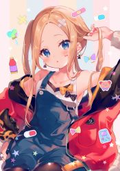 Rule 34 | 1girl, :o, abigail williams (fate), ana (rznuscrf), arm up, bandaid, bare shoulders, black pantyhose, blonde hair, blue eyes, blush, bottle, bow, breasts, candy, collarbone, commentary request, crossed bandaids, earrings, fate/grand order, fate (series), food, head tilt, heart, heart-shaped lollipop, jacket, jewelry, lollipop, long hair, looking at viewer, nail polish, off shoulder, open clothes, open jacket, overall shorts, overalls, pantyhose, parted bangs, parted lips, pill, red jacket, red nails, shaped lollipop, small breasts, solo, star (symbol), striped, striped background, suction cups, tank top, tentacles, twintails, vertical stripes, white tank top