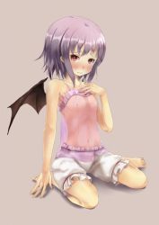 Rule 34 | 1girl, bare arms, bare shoulders, bat wings, bloomers, blush, collarbone, female focus, flat chest, hand on own chest, lingerie, looking at viewer, navel, negligee, nipples, pink eyes, purple hair, remilia scarlet, see-through, short hair, sitting, solo, touhou, underwear, wariza, wings, yoi (tokoyoi)