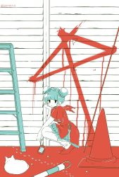 Rule 34 | 1girl, black eyes, blue hair, bun cover, cat, cone, double bun, earrings, flat color, frilled skirt, frills, hair bun, hand up, highres, jewelry, ladder, limited palette, looking at viewer, no nose, original, paw print, red footwear, short sleeves, skirt, solo, squatting, twitter username, white cat, yonoko k