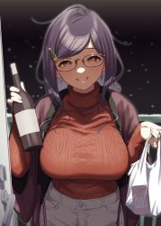 Rule 34 | 1girl, alcohol, aran sweater, bag, beige pants, black hair, bottle, breasts, brown eyes, cable knit, christmas tree hair ornament, condom box, door, door handle, glasses, hair ornament, herio, highres, jacket, large breasts, looking at viewer, mole, mole under eye, okamoto condoms, open mouth, original, plastic bag, red sweater, smile, snow, solo, sweater