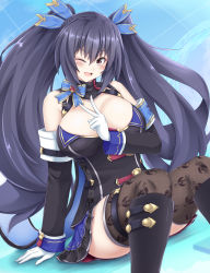 Rule 34 | alternate breast size, black hair, breasts, choujigen game neptune, cleavage, highres, large breasts, long hair, neptune (series), noire (neptunia), red eyes, seshiro (which501), solo, thighhighs, thighs, v, very long hair
