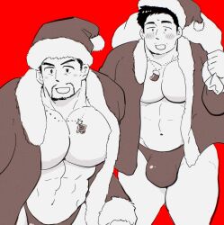 Rule 34 | 2boys, abs, bara, blush stickers, briefs, bulge, christmas, christmas tree necklace, facial hair, feet out of frame, fur-trimmed headwear, fur trim, gift, goatee stubble, hat, highres, holding, holding sack, hoshieda (hoshinoedao), large bulge, large pectorals, looking ahead, male focus, male underwear, mature male, multiple boys, muscular, muscular male, mustache stubble, navel, old, old man, original, pectoral cleavage, pectorals, red background, red theme, sack, santa costume, santa hat, short hair, sock necklace, solid oval eyes, sparse stubble, stomach, stubble, thick thighs, thighs, underwear