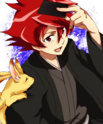 Rule 34 | 1boy, :d, ^ ^, animal, animal on shoulder, arm up, bad id, bad pixiv id, bashin dan, battle spirits, battle spirits: brave, bladra, card, closed eyes, dragon, from side, hair between eyes, holding, holding card, japanese clothes, kimono, long sleeves, looking at viewer, looking back, male focus, open mouth, red eyes, red hair, sash, short hair, smile, spiked hair, tarou (run), upper body