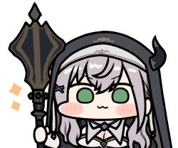 Rule 34 | 1girl, :3, black hat, cow horns, green eyes, grey hair, habit, hair ornament, hat, holding, holding mace, holding weapon, hololive, horns, jazz jack, looking at viewer, mace, nun, official alternate costume, polearm, shirogane noel, shirogane noel (nun), smile, solo, transparent background, virtual youtuber, weapon, x hair ornament