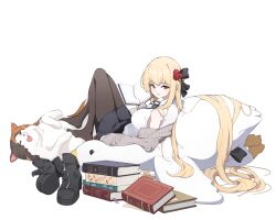 Rule 34 | 1girl, absurdres, bare shoulders, bird, black footwear, black pantyhose, black ribbon, black skirt, blonde hair, book, book stack, brown eyes, brown jacket, cat, commentary request, commission, goose, hair ornament, hair ribbon, highres, holding, holding book, jacket, long hair, looking at viewer, lying, off shoulder, original, pantyhose, ribbon, shirt, skirt, sleeveless, sleeveless shirt, smile, solo, stuffed toy, toombo12, unworn footwear, very long hair, white shirt