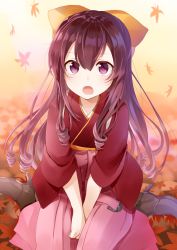 Rule 34 | 10s, 1girl, alternate hairstyle, between legs, blush, bow, cherry blossoms, commentary, drill hair, floral background, hair between eyes, hair bow, hakama, hakama skirt, hand between legs, highres, japanese clothes, kamikaze (kancolle), kantai collection, kimono, light blush, long hair, looking at viewer, meiji schoolgirl uniform, open mouth, purple eyes, purple hair, sitting, skirt, solo, v arms, very long hair, wariza, yuna (yukiyuna)