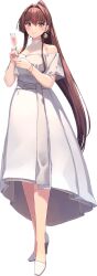 Rule 34 | 1girl, bare shoulders, breasts, brown eyes, brown hair, collarbone, dress, flower, full body, hair ornament, kantai collection, large breasts, long hair, looking at viewer, off shoulder, official art, ponytail, shizuma yoshinori, sleeveless, smile, solo, transparent background, very long hair, white dress, yamato (kancolle)
