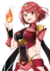 Rule 34 | 1girl, armor, breasts, earrings, fingerless gloves, fire, gloves, headpiece, highres, jewelry, large breasts, looking at viewer, midriff peek, nintendo, open mouth, pyra (xenoblade), red eyes, red hair, red shorts, rurie (lourie), short hair, shorts, shoulder armor, simple background, solo, swept bangs, tiara, white background, xenoblade chronicles (series), xenoblade chronicles 2