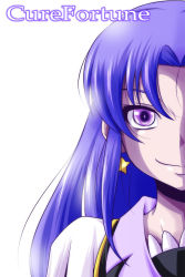 Rule 34 | 10s, 1girl, character name, cure fortune, dress, earrings, english text, eyelashes, happinesscharge precure!, highres, hikawa iona, jewelry, looking at viewer, magical girl, nishi koutarou, precure, purple eyes, purple hair, simple background, smile, solo, white background
