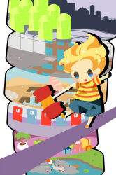 Rule 34 | 1boy, animal, bathroom, blonde hair, blue eyes, blue shorts, blush stickers, full body, gift, highres, hippopotamus, hitofutarai, holding, holding mallet, lake, lily pad, lucas (mother 3), male focus, mallet, mother (game), mother 3, nintendo, open mouth, orange footwear, outstretched arms, plant, potted plant, rocket, shirt, short sleeves, shorts, solid oval eyes, solo, striped clothes, striped shirt, wrench