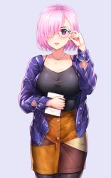 Rule 34 | 1girl, absurdres, adjusting eyewear, alternate costume, bad id, bad pixiv id, black-framed eyewear, black pantyhose, black shirt, blue background, blue jacket, blush, breasts, collarbone, commentary request, cowboy shot, fate/grand order, fate (series), glasses, hair over one eye, hand up, highres, holding, hua-j, jacket, jewelry, large breasts, long sleeves, looking at viewer, lower teeth only, mash kyrielight, multicolored clothes, multicolored skirt, necklace, open clothes, open jacket, open mouth, pantyhose, pink hair, purple eyes, shirt, short hair, simple background, skirt, solo, teeth