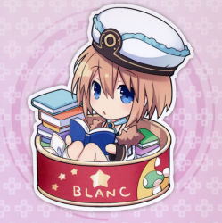 Rule 34 | 1girl, :o, absurdres, blanc (neptunia), blue eyes, book, book stack, brown hair, can, chibi, full body, fur trim, hat, highres, holding, holding book, in container, knees up, looking at viewer, mini person, minigirl, neptune (series), official art, pink background, short hair, sitting, solo, source request, tsunako