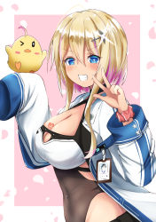 Rule 34 | &gt; o, + +, 1girl, ahoge, amano kusatsu, azur lane, bird, black leotard, blonde hair, blue eyes, blush, border, breast tattoo, breasts, chick, cleavage, coat, collarbone, commentary request, covered navel, falling petals, glint, gradient hair, grin, groin, gyaru, hair between eyes, hair ornament, hairclip, hands up, highres, id card, large breasts, leotard, leotard under clothes, looking at viewer, manjuu (azur lane), marblehead (azur lane), midriff, multicolored hair, navel piercing, one eye closed, open clothes, open coat, petals, piercing, pink background, profile, purple hair, scrunchie, short hair with long locks, shorts, sidelocks, sleeves past fingers, sleeves past wrists, smile, solo focus, tattoo, two-tone hair, upper body, v, white border, white coat, wrist scrunchie