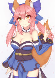 Rule 34 | 10s, 1girl, absurdres, animal ears, bad id, bad pixiv id, blue thighhighs, breasts, cleavage, collarbone, detached sleeves, fate/extra, fate/grand order, fate (series), fox ears, fox shadow puppet, fox tail, highres, japanese clothes, large breasts, light smile, looking at viewer, petals, pink hair, rachione, simple background, solo, tail, tamamo (fate), tamamo no mae (fate/extra), thighhighs, white background, yellow eyes